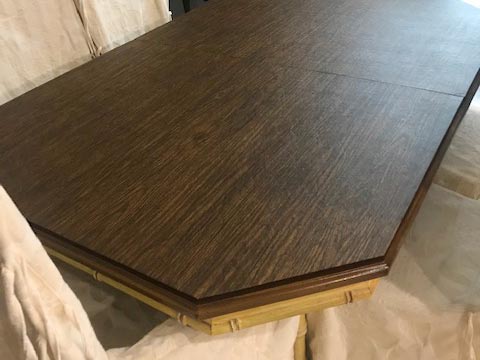 Table pad with custom angles corners, in pecan woodgrain