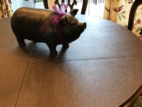 Dining table pad protects from damage from pig centerpiece
